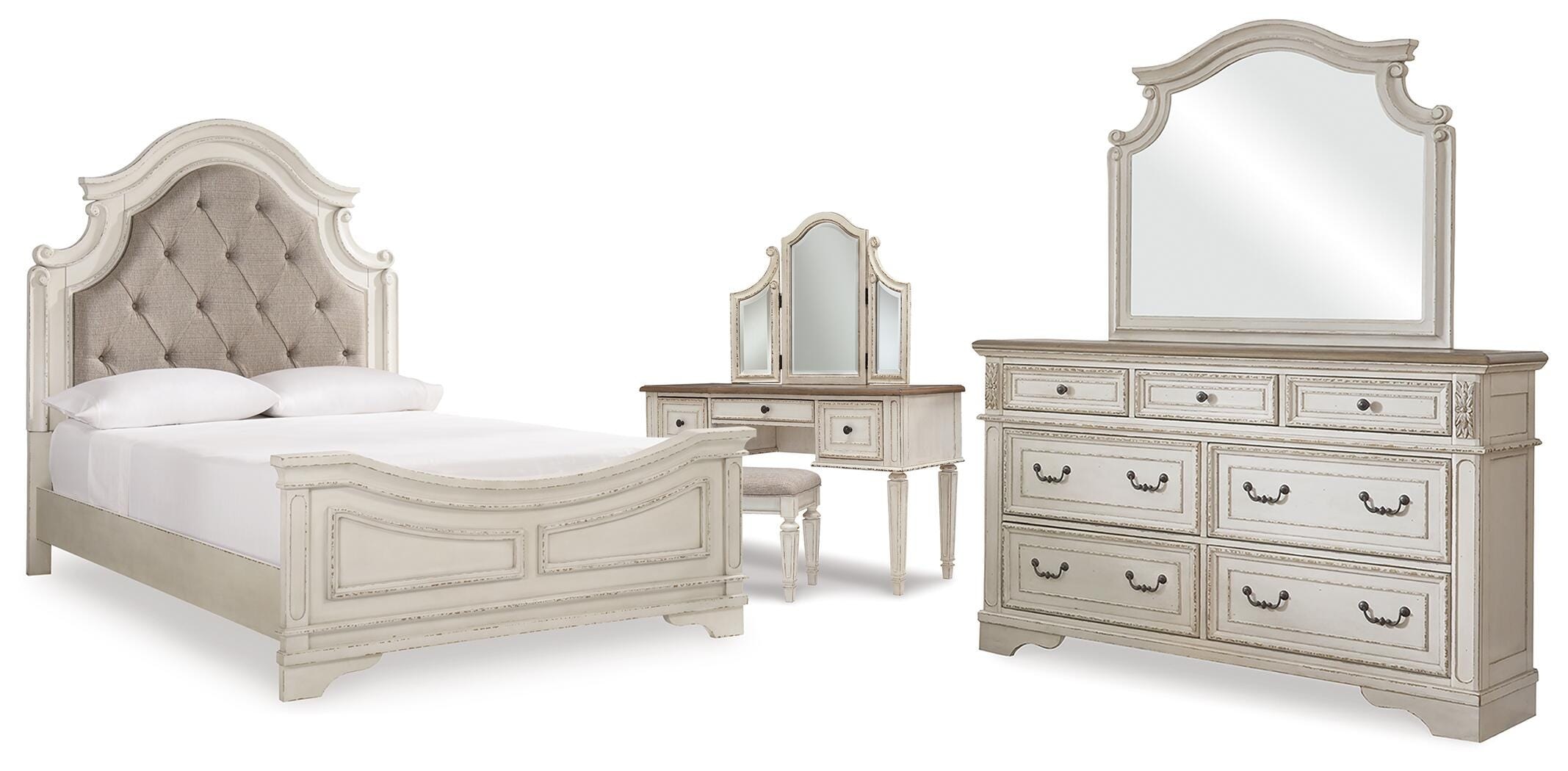  Realyn Queen Panel Bed, Dresser, Mirror and Vanity 