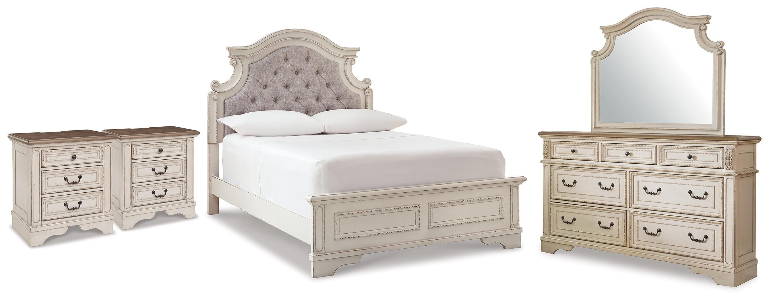  Realyn Full Upholstered Panel Bed, Dresser, Mirror and 2 Nightstands 