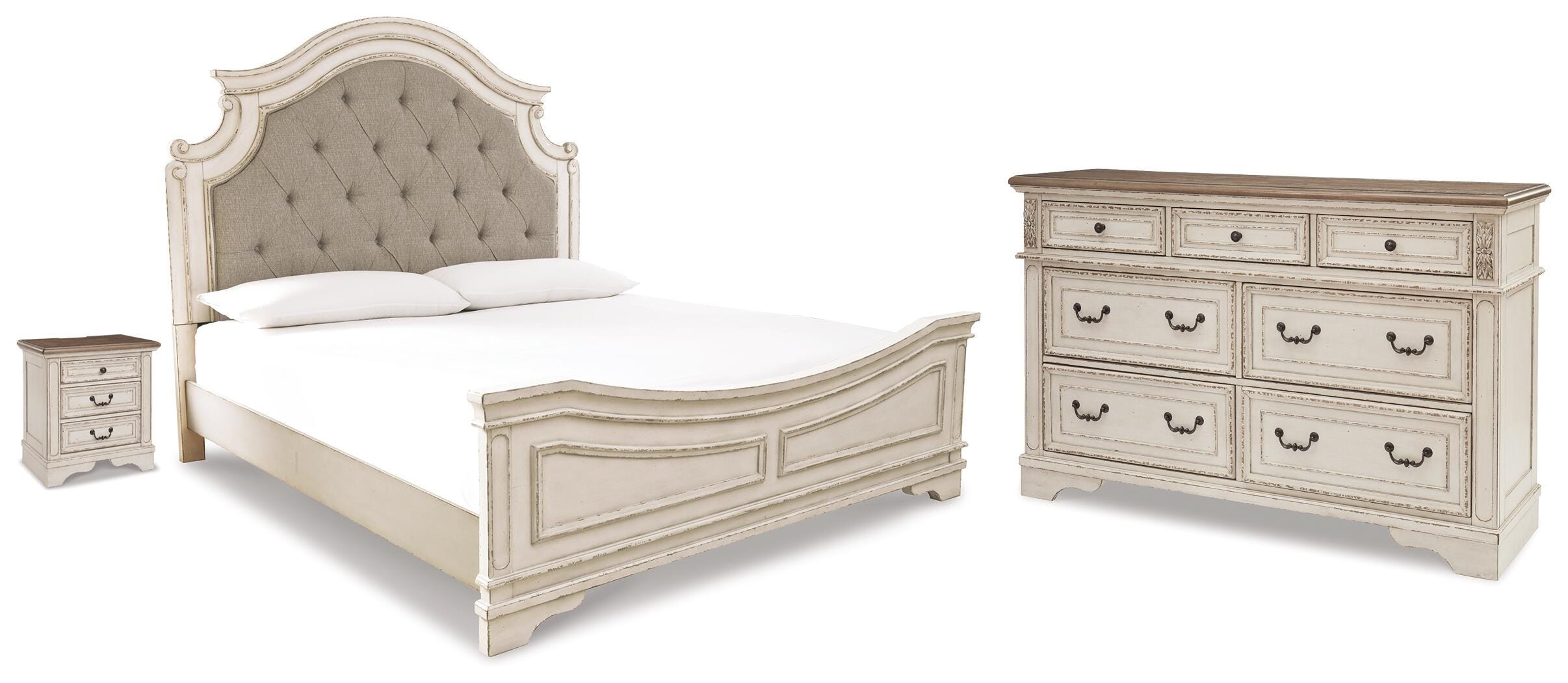  Realyn King Upholstered Panel Bed, Dresser and Nightstand 