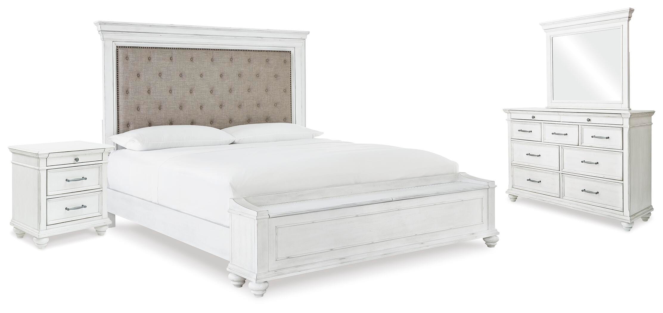 Benchcraft Kanwyn King Upholstered Storage Bed, Dresser, Mirror and Nightstand 
