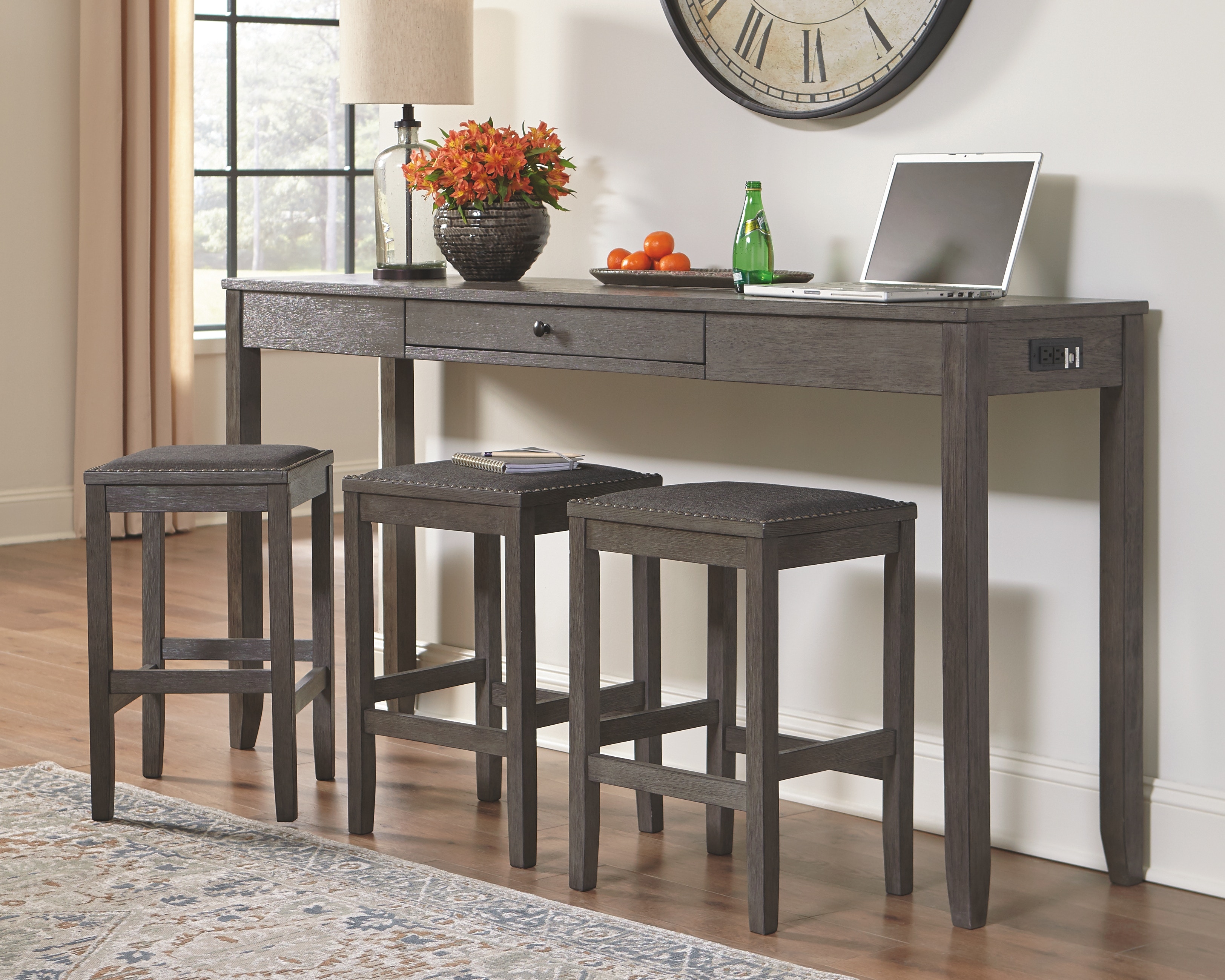 grey console table with stools