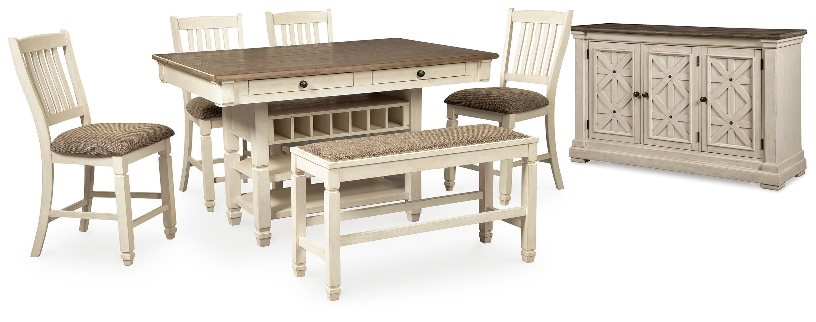 Ashley Bolanburg Counter Height Dining Table, 4 Barstools, Bench and Server D647D32