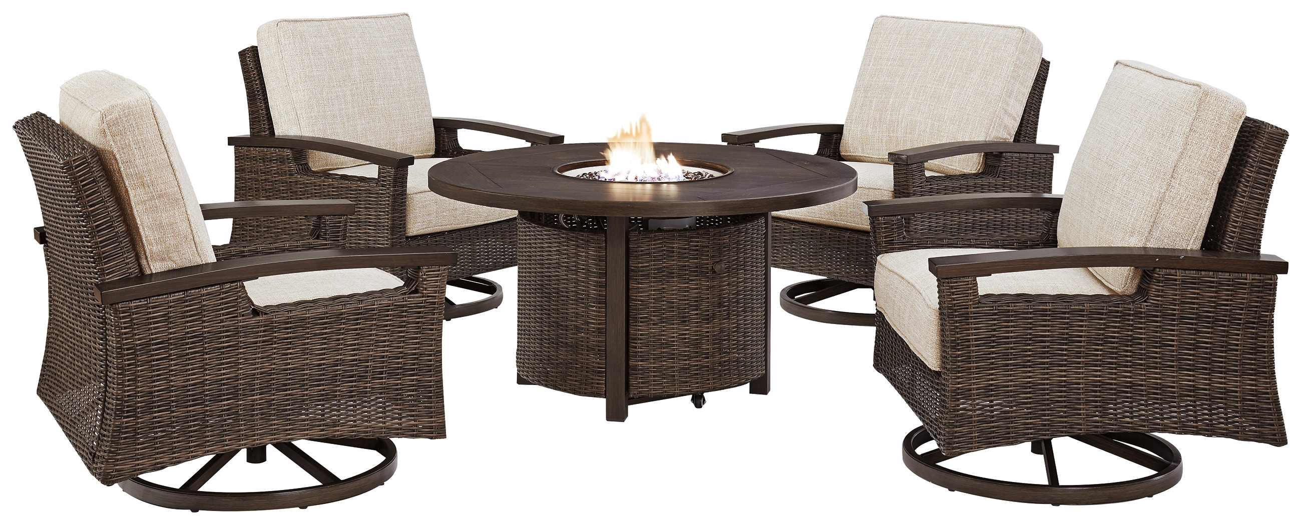 fire pit table and swivel chairs