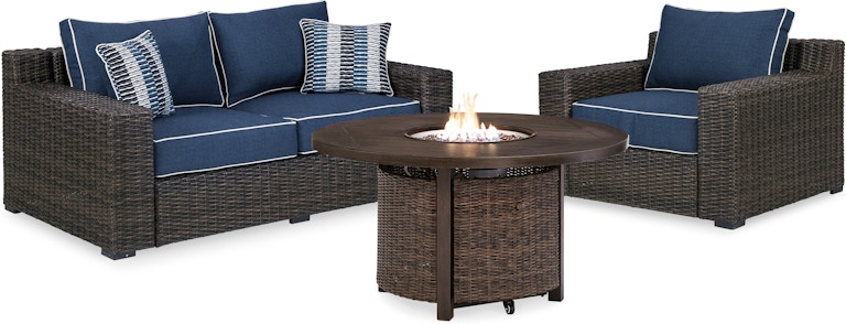 Signature Design by Ashley Grasson Lane Outdoor Loveseat, 2 Lounge Chairs and Fire Pit Table P783P3