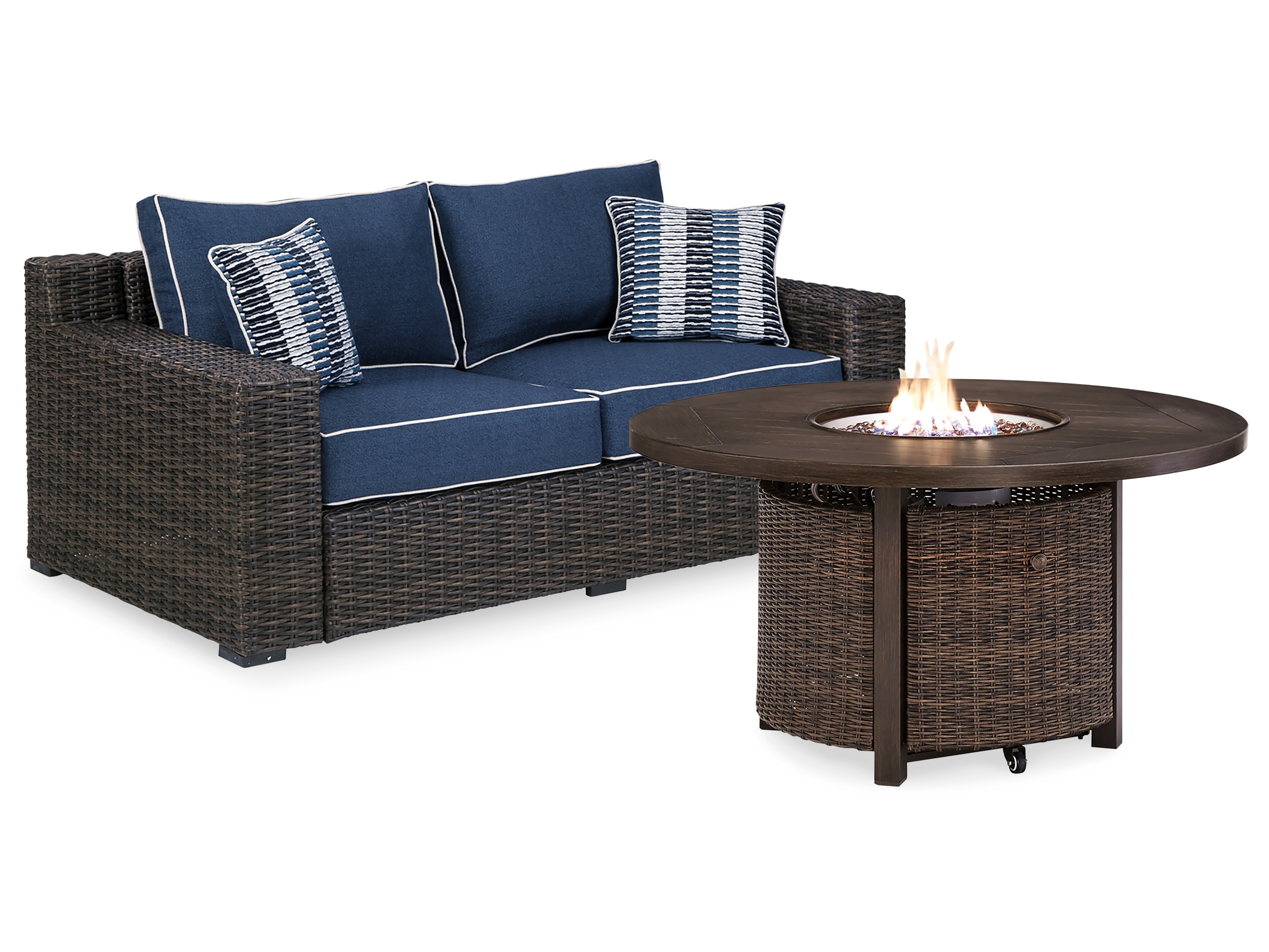Signature Design by Ashley Outdoor Furniture Grasson Lane Nuvella Loveseat with Fire Pit Table