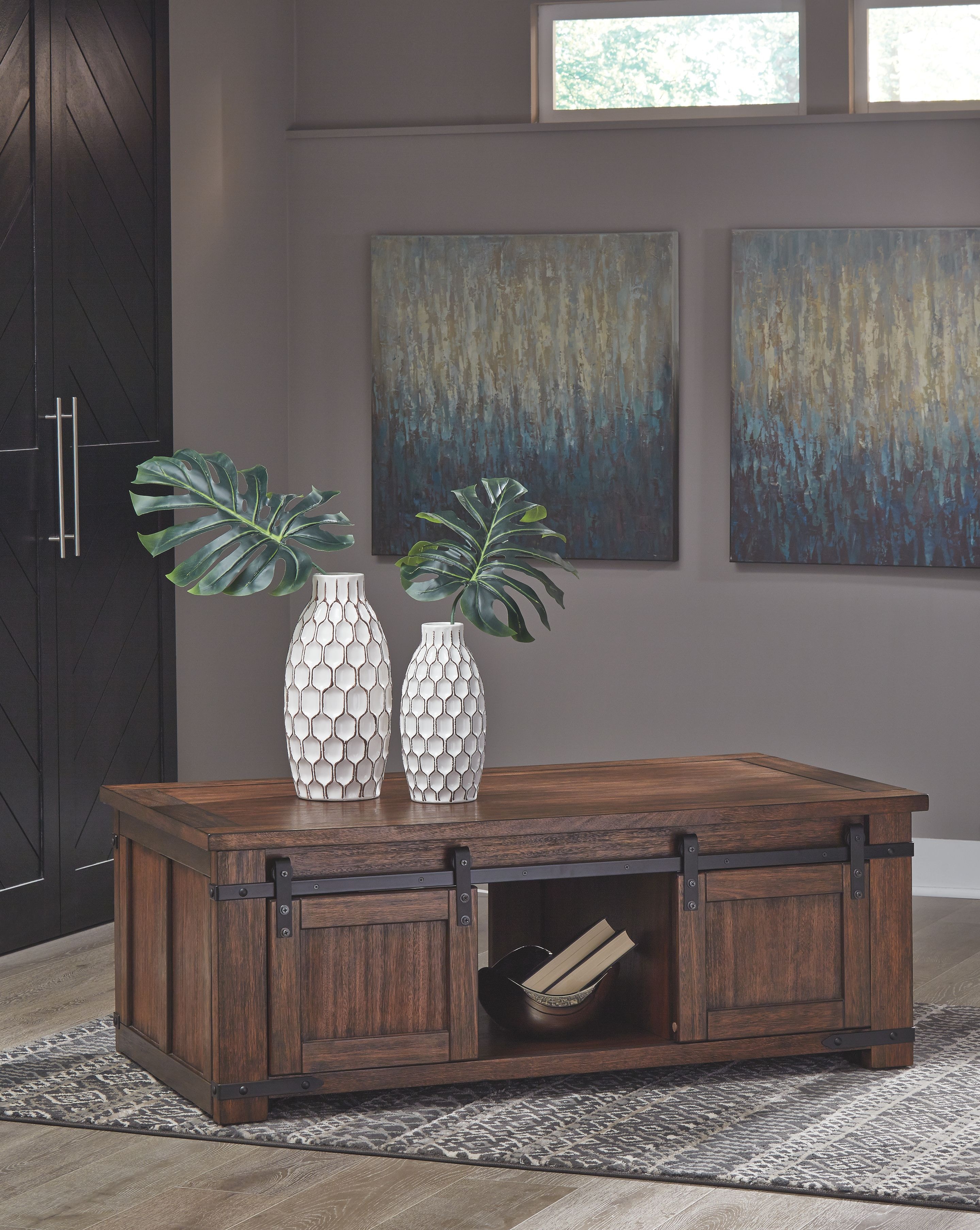Shop our Budmore Brown Coffee Table w/ Barn Doors by Signature Design