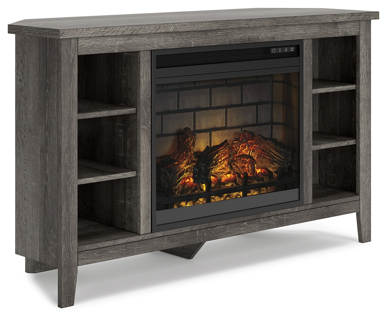 Corner tv stand on sale next to fireplace