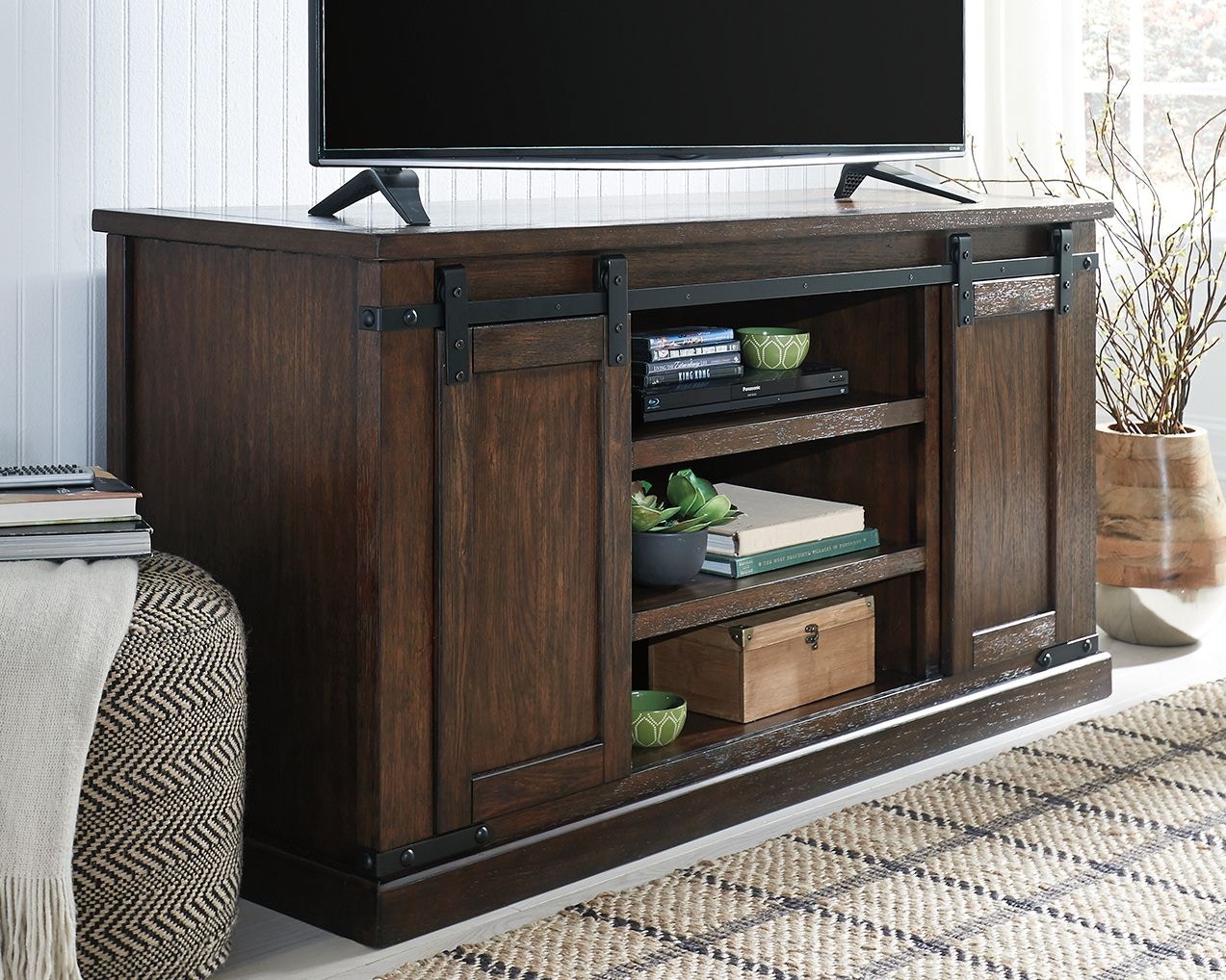 Shop our Budmore Rustic Brown 60 TV Stand w/ Barn Doors by Signature