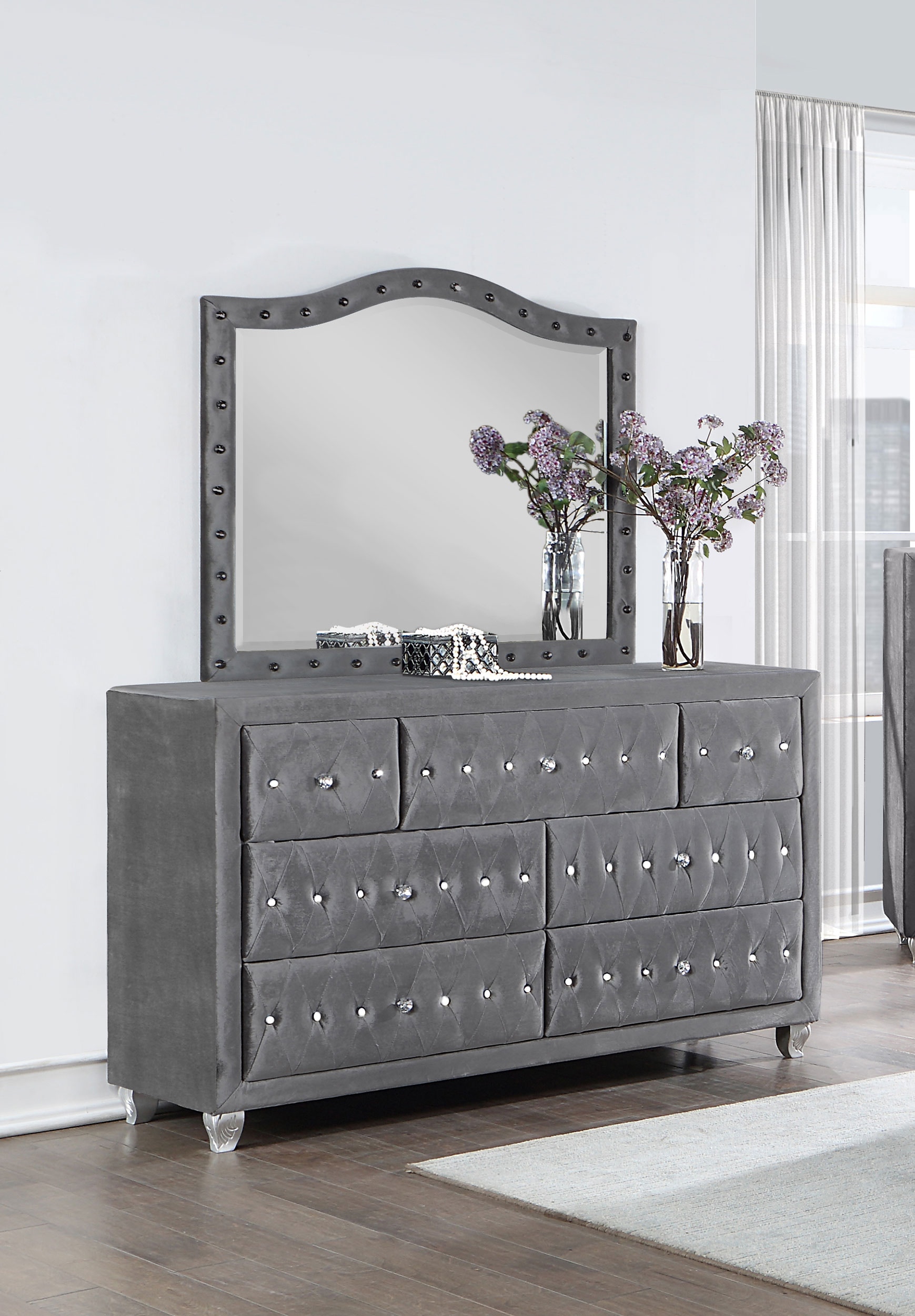 grey upholstered dresser Coaster Bedroom Deanna 7-drawer Upholstered Dresser With Mirror Grey  205103M