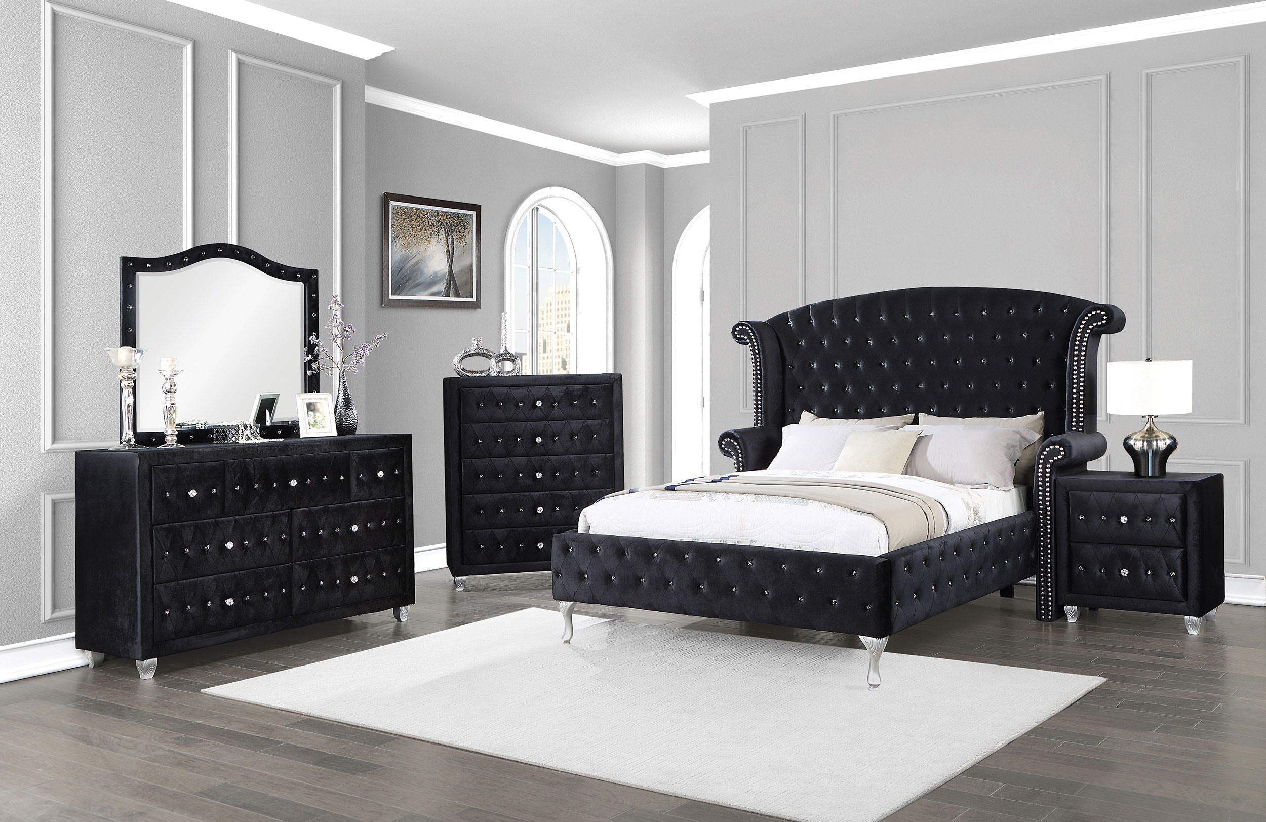 Coaster Bedroom Deanna Upholstered Queen Wingback Bed Black