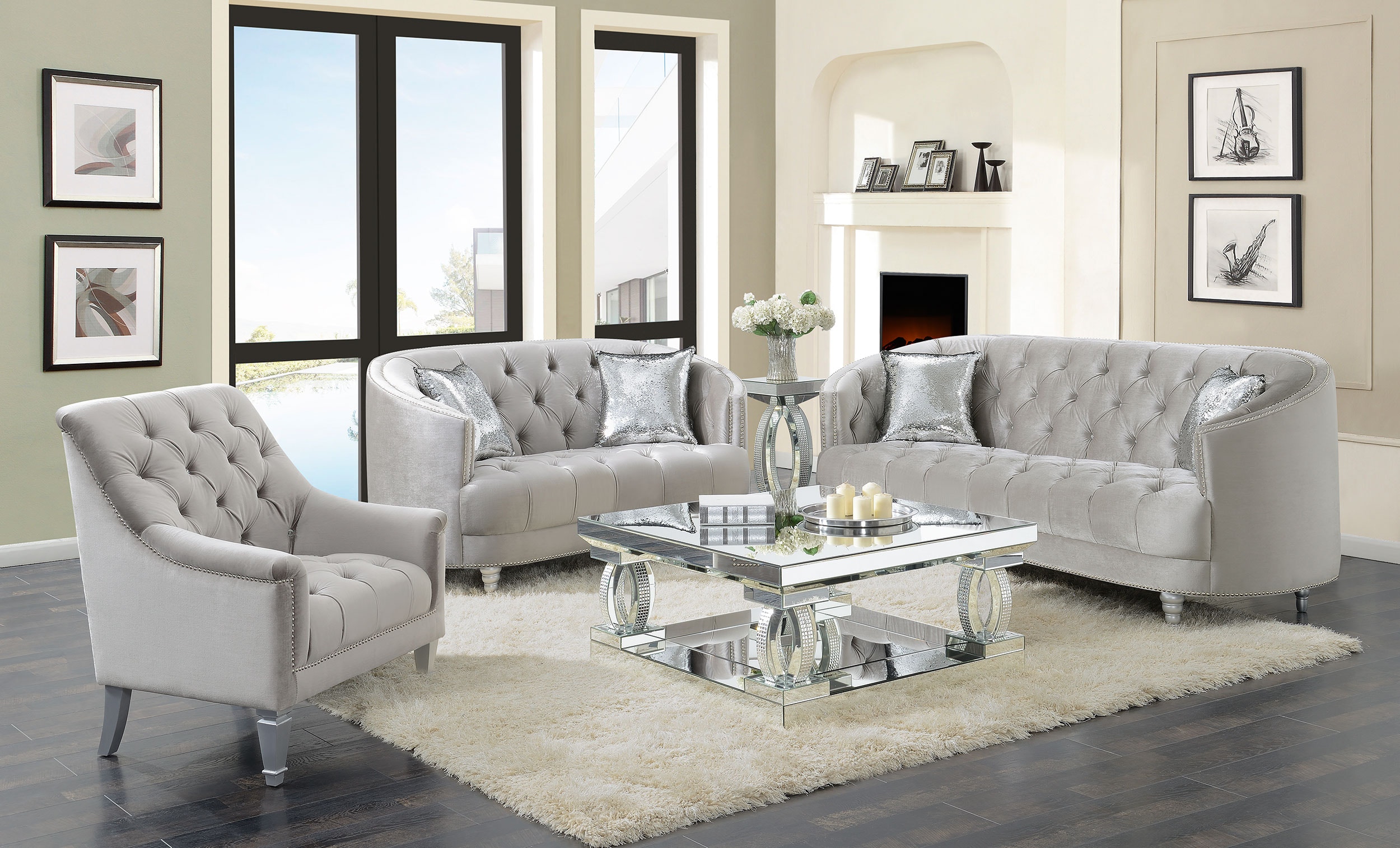  Avonlea 3-piece Upholstered Sloped Arm Sofa Set Grey Velvet 