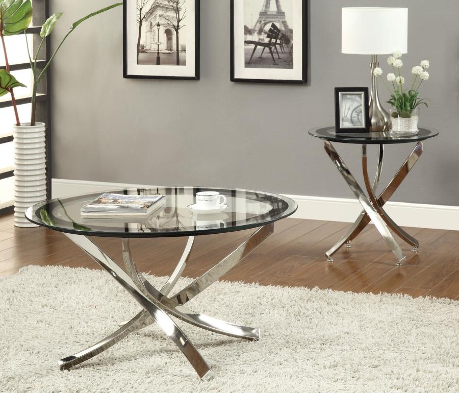 Tempered Glass Top Chrome And Glass Coffee Table Set