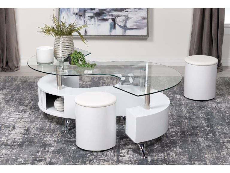 Coaster Buckley Curved Glass Top Coffee Table With Stools White High Gloss 703400