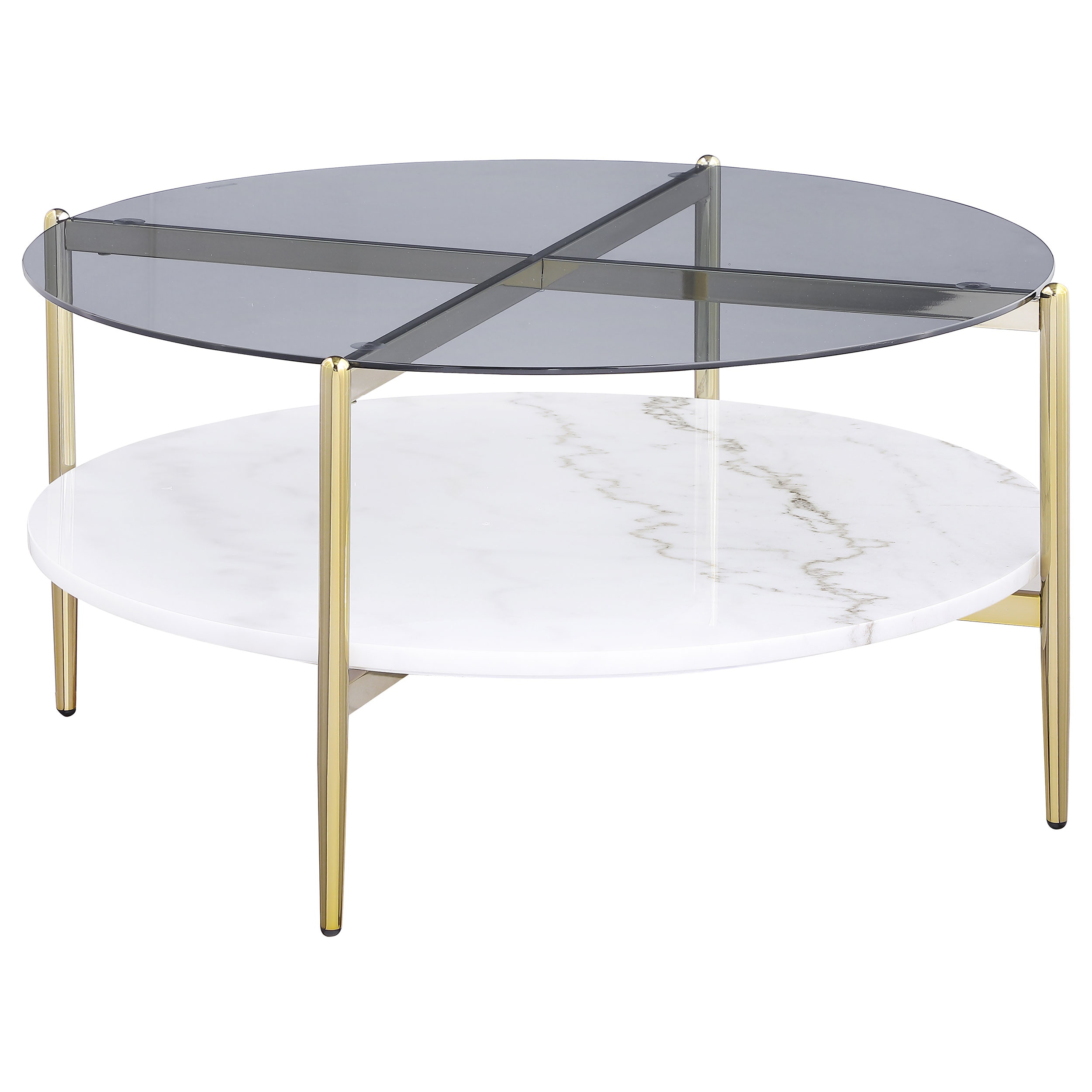 Coaster Jonelle Round Glass Top Coffee Table White Marble Shelf Gold 710338