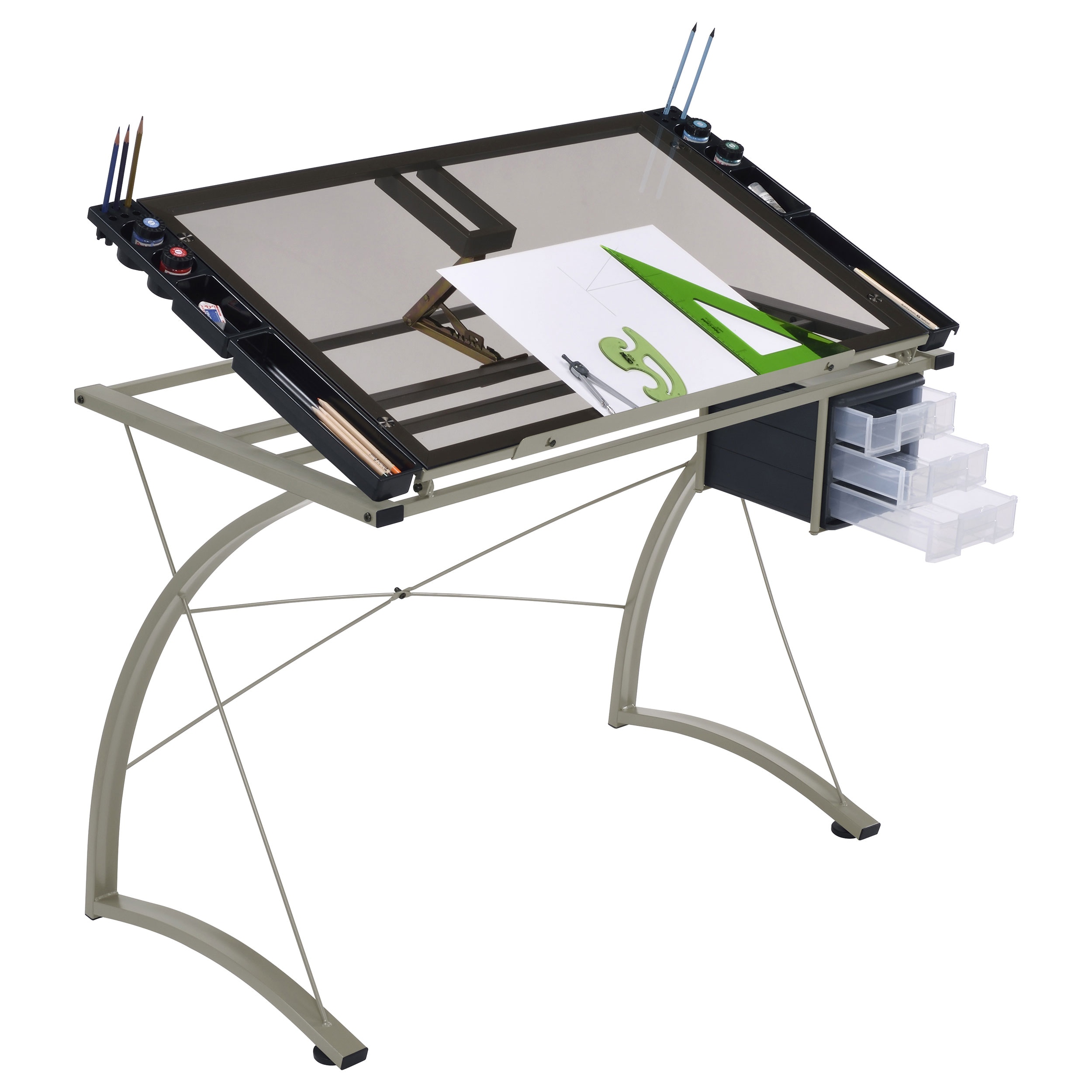 Melo 41-inch Glass Top Drafting Table With Storage Silver, image size:2167x2408