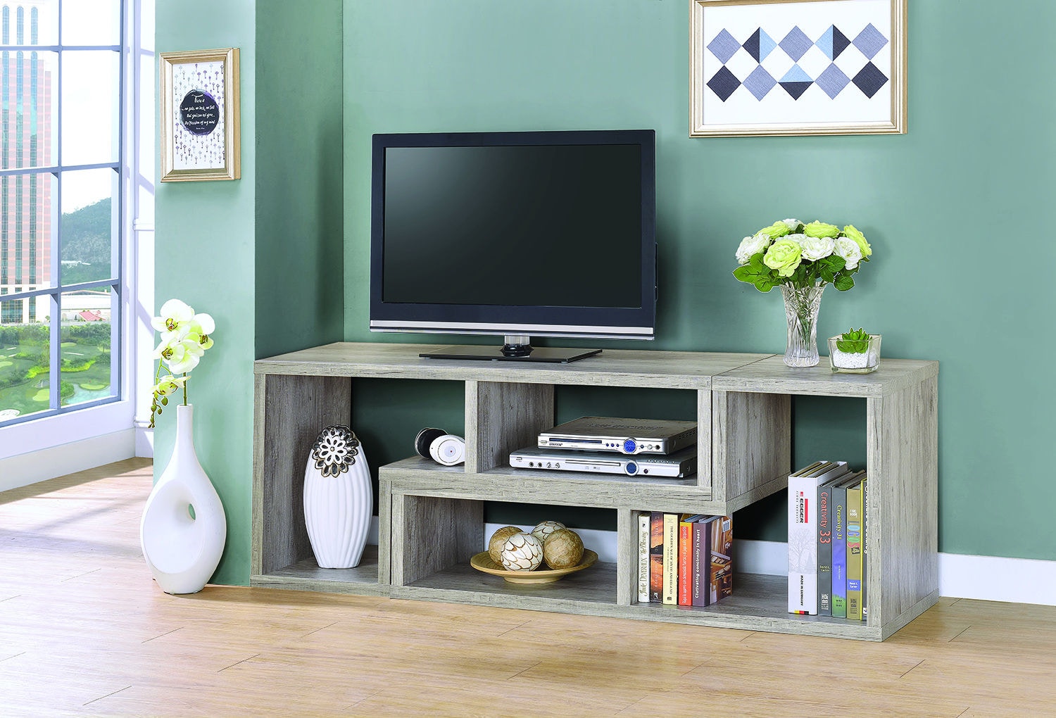 Coaster Home Office Velma Multipurpose TV Stand And Bookshelf Grey Driftwood 802330 Wenz Home