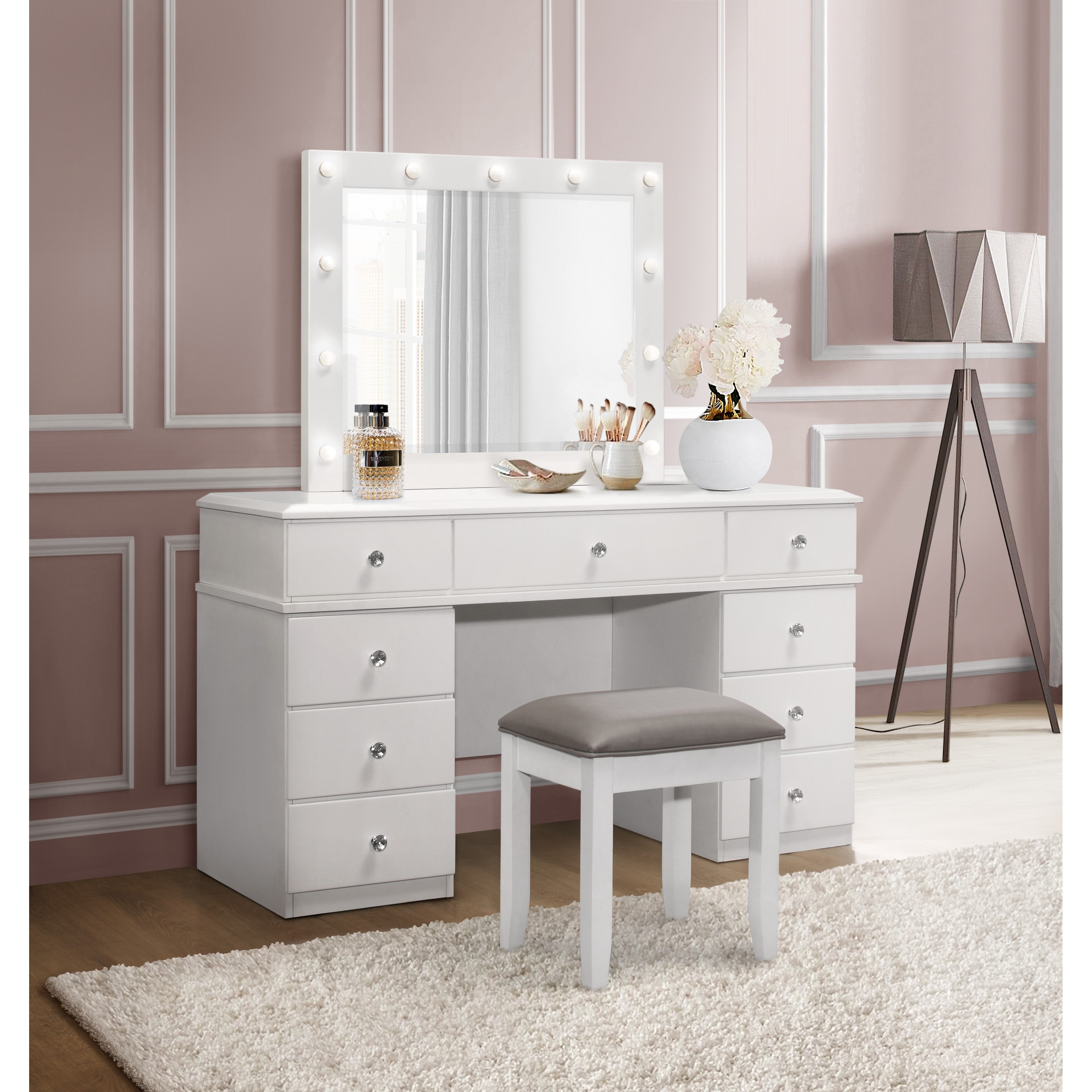 white vanity with mirror and stool