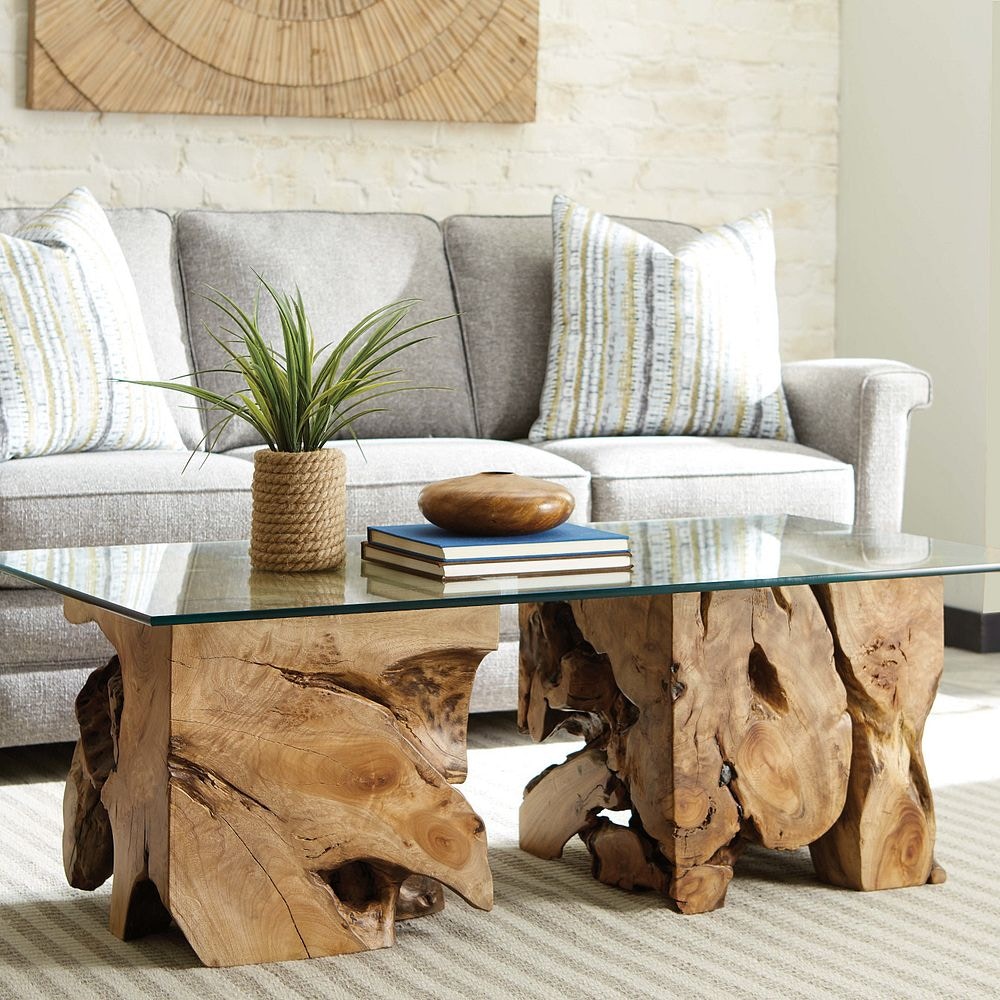 Tree root table with glass outlet top