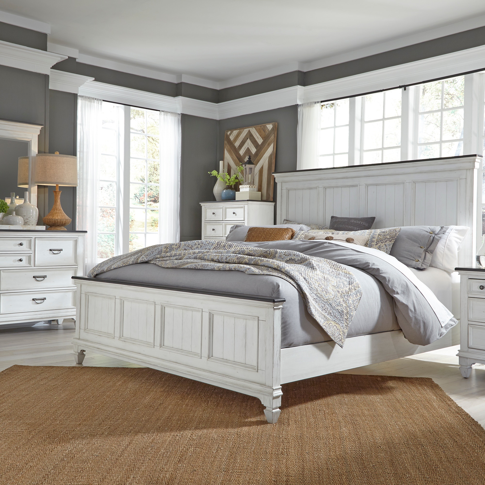 King California Panel Bed, Dresser and Mirror, Chest