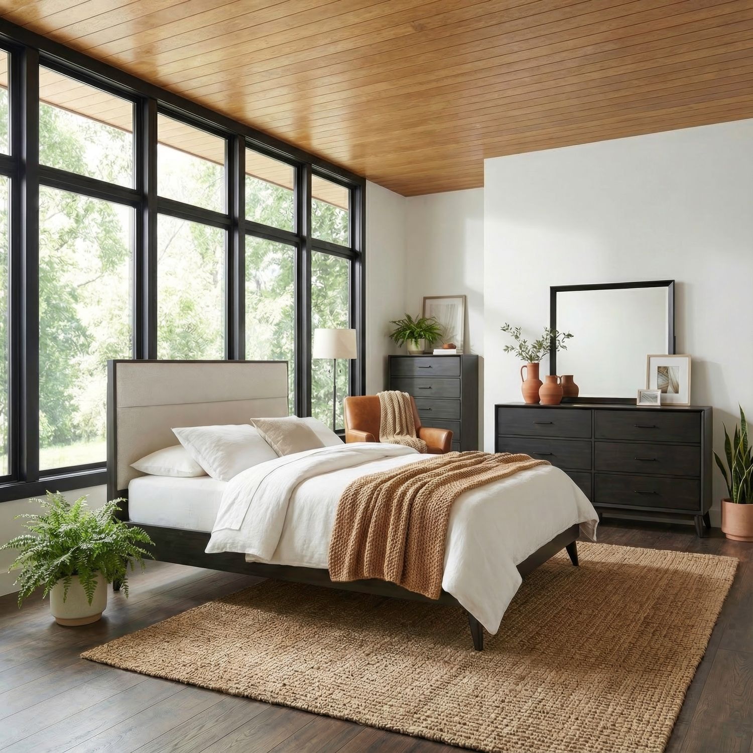  Queen Uph Platform Bed, Dresser and Mirror, Chest 604B-BR-QUPLDMC