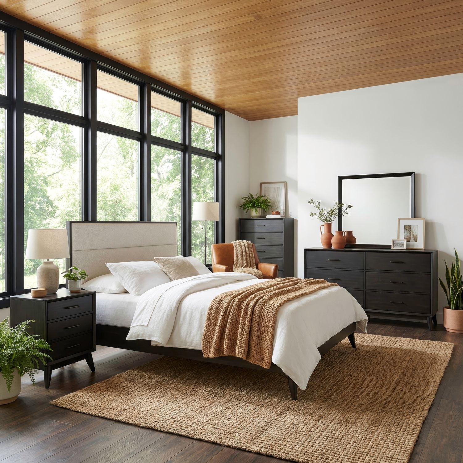  Queen Uph Platform Bed, Dresser and Mirror, Chest, Night Stand 604B-BR-QUPLDMCN