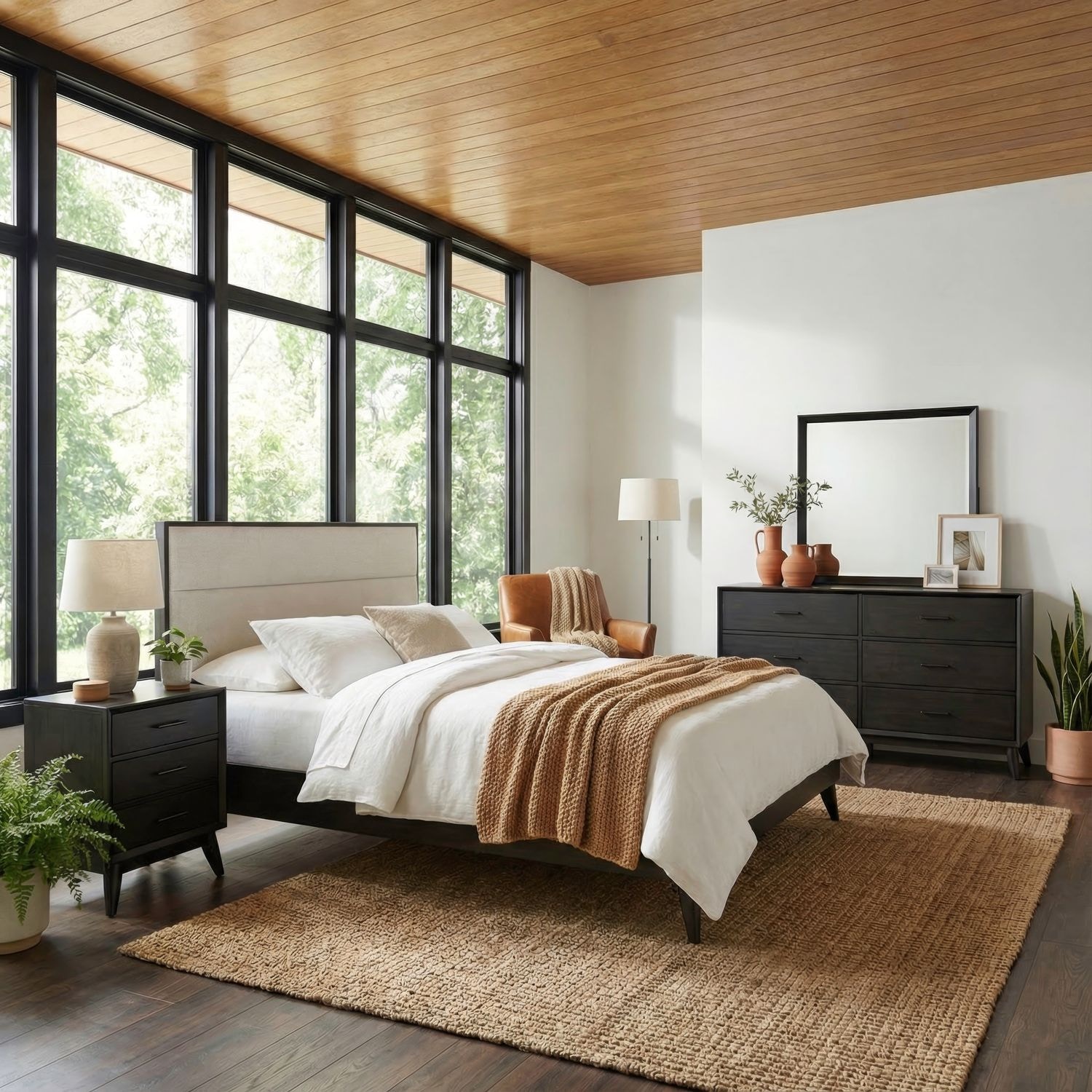  Queen Uph Platform Bed, Dresser and Mirror, Night Stand 604B-BR-QUPLDMN