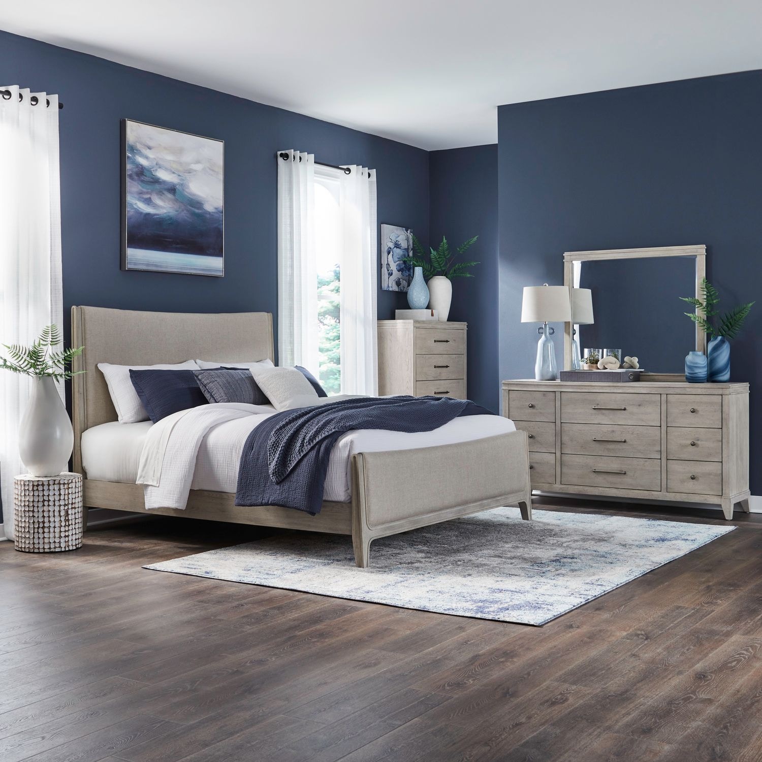  Queen Uph Bed, Dresser and Mirror, Chest 694-BR-QUBDMC