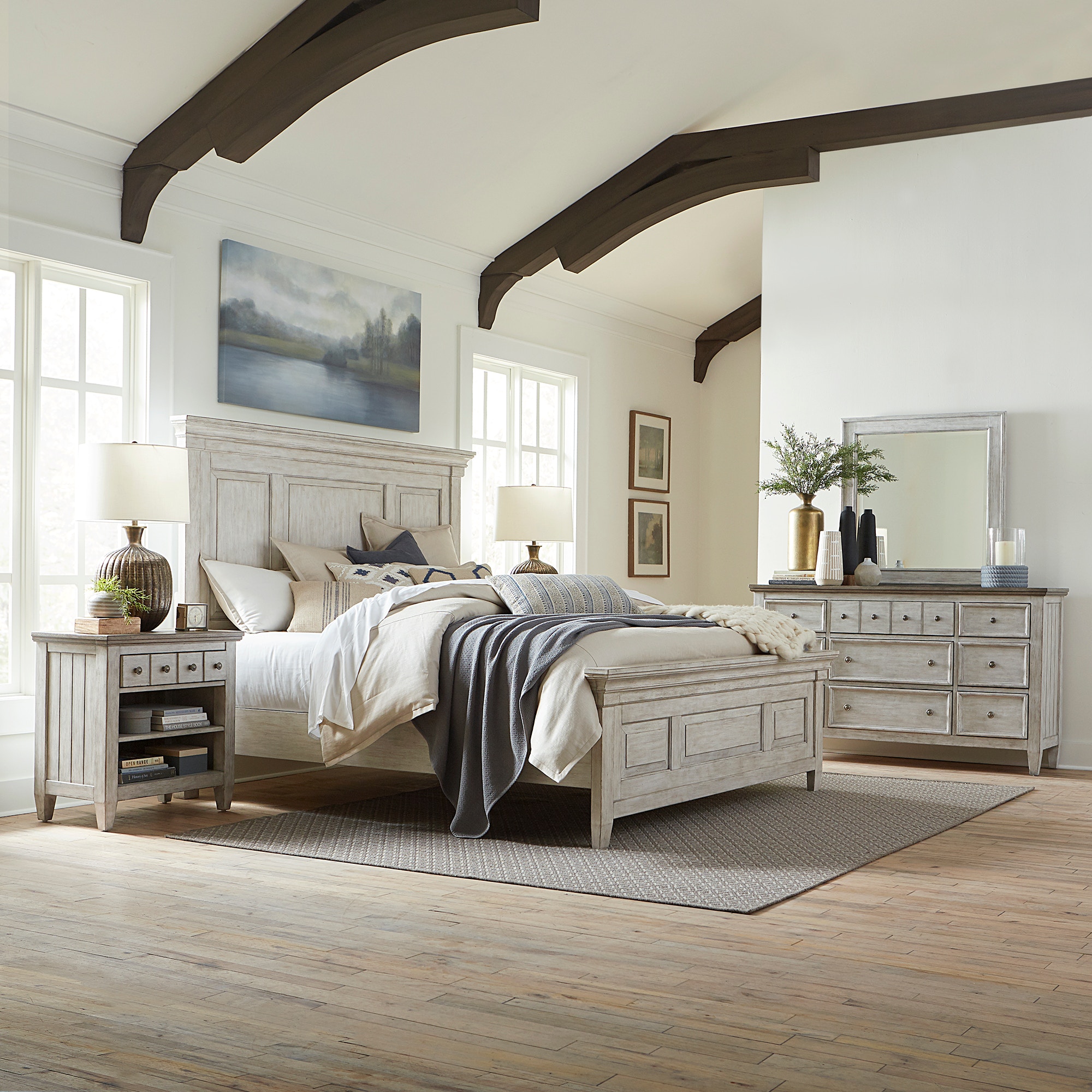  King Panel Bed, Dresser and Mirror, Night Stand 824-BR-KPBDMN