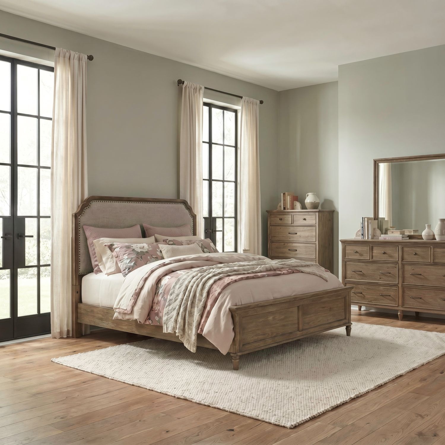  Queen Uph Bed, Dresser and Mirror, Chest 