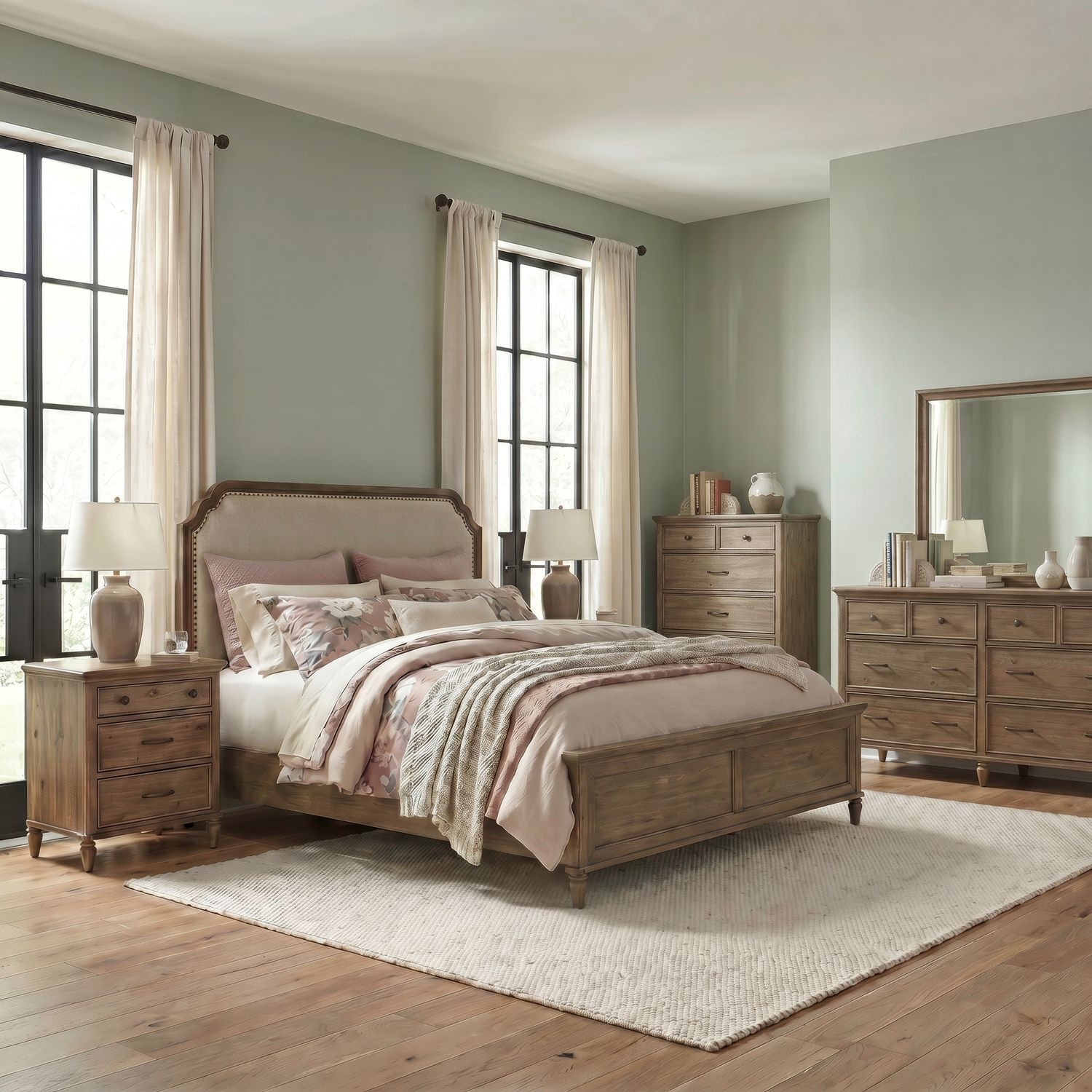  Queen Uph Bed, Dresser and Mirror, Chest, Night Stand 
