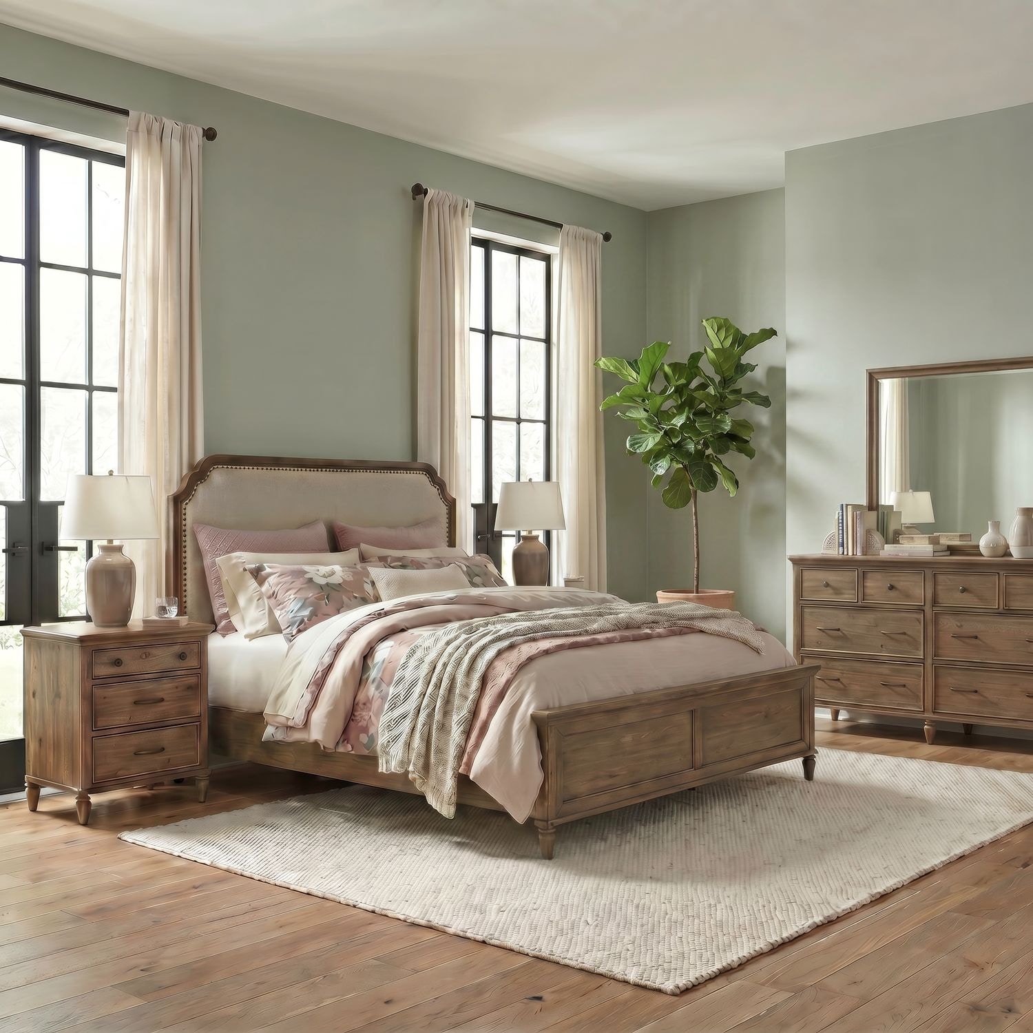  Queen Uph Bed, Dresser and Mirror, Night Stand 