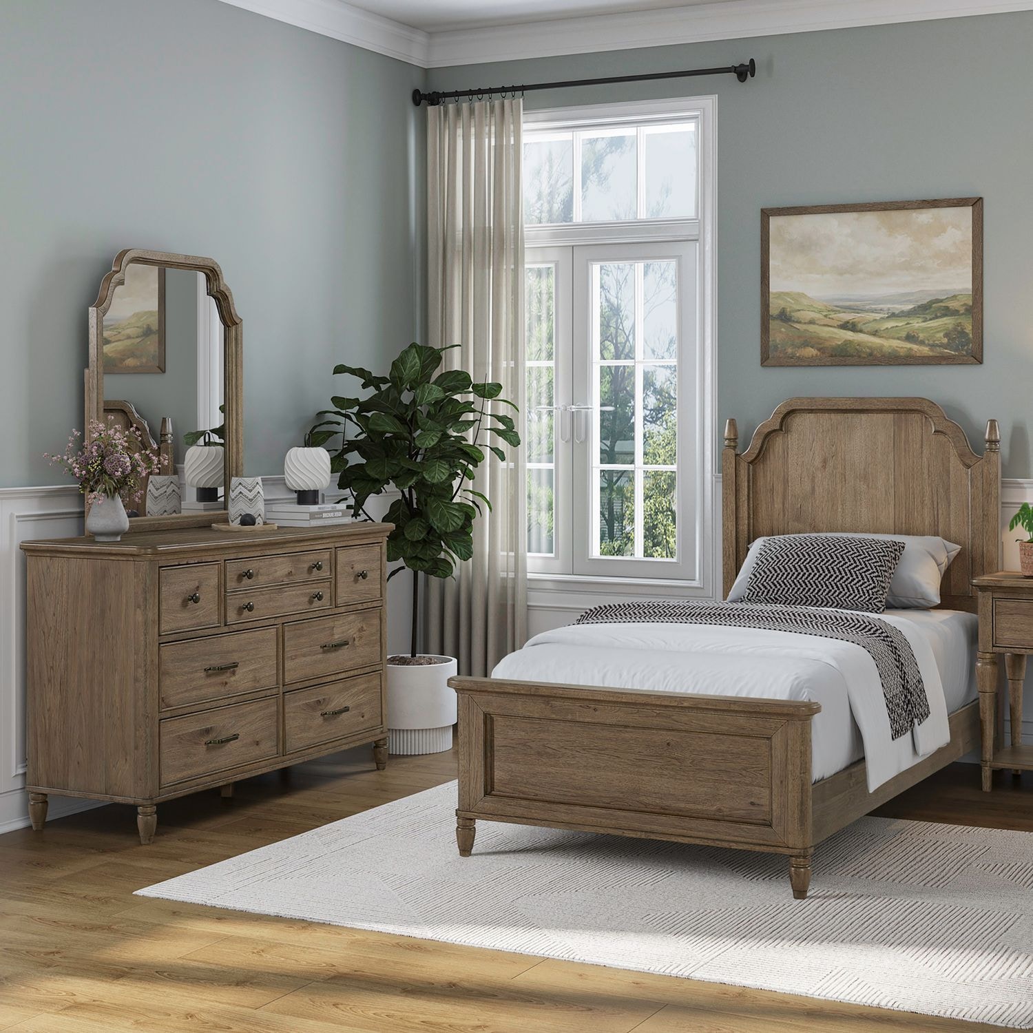  Twin Panel Bed, Dresser and Mirror 