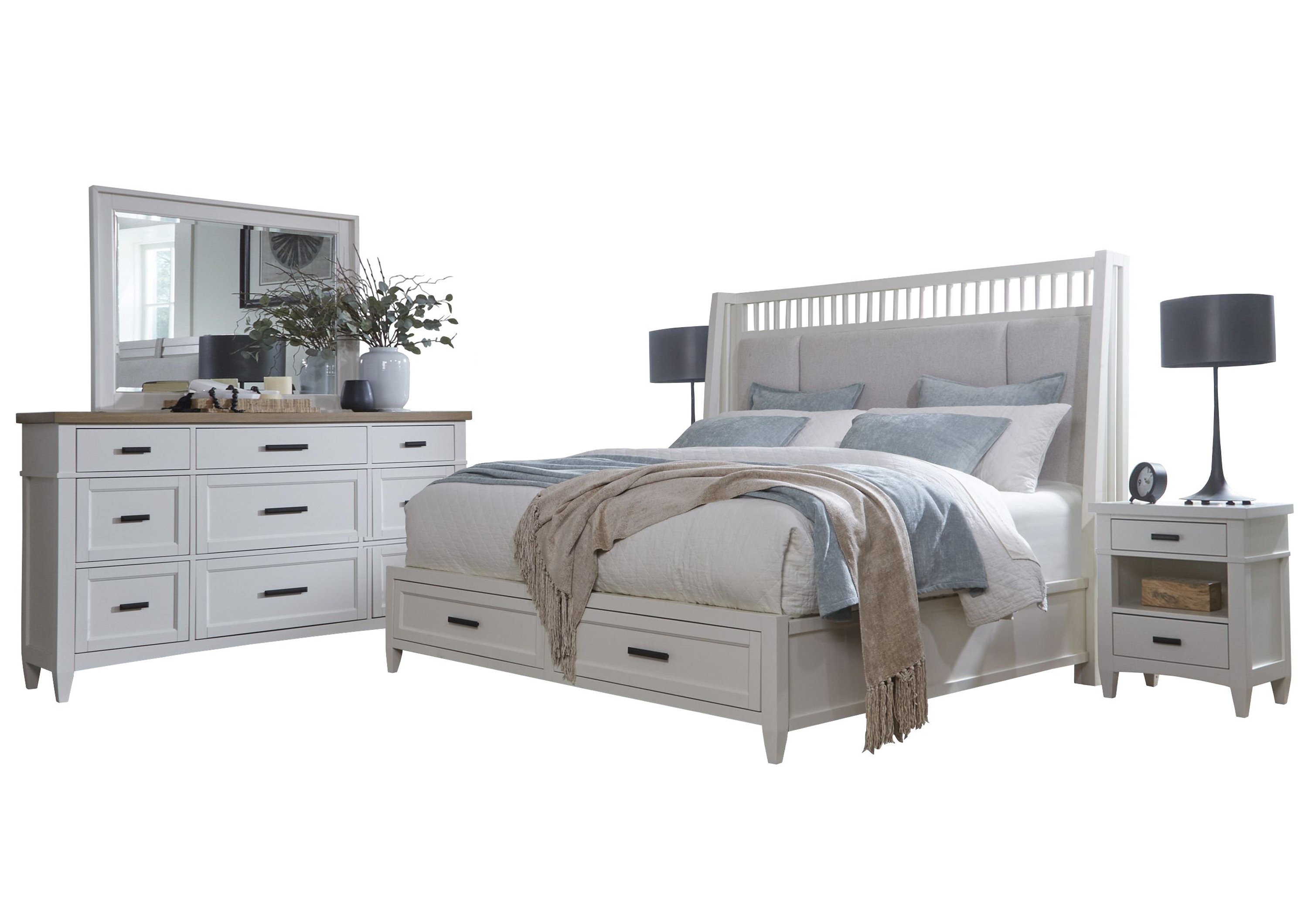 Parker House Americana Modern Bedroom Queen Shelter Bed 2 Nightstands and Dresser with Mirror BAME-5PC-1250-DMN2