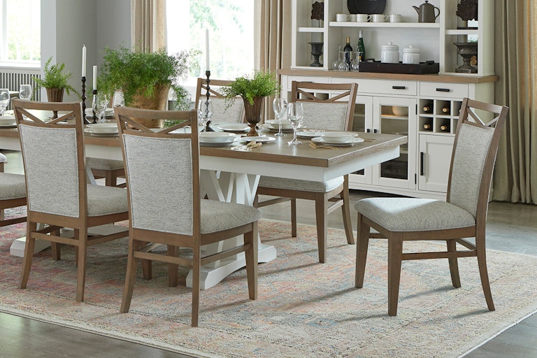Parker House Americana Modern Dining 88-112 Inch 2 Piece Trestle Table with 24 Inch Butterfly Leaf and 8 Upholstered Chairs DAME-10PC-TRSTL-DINING