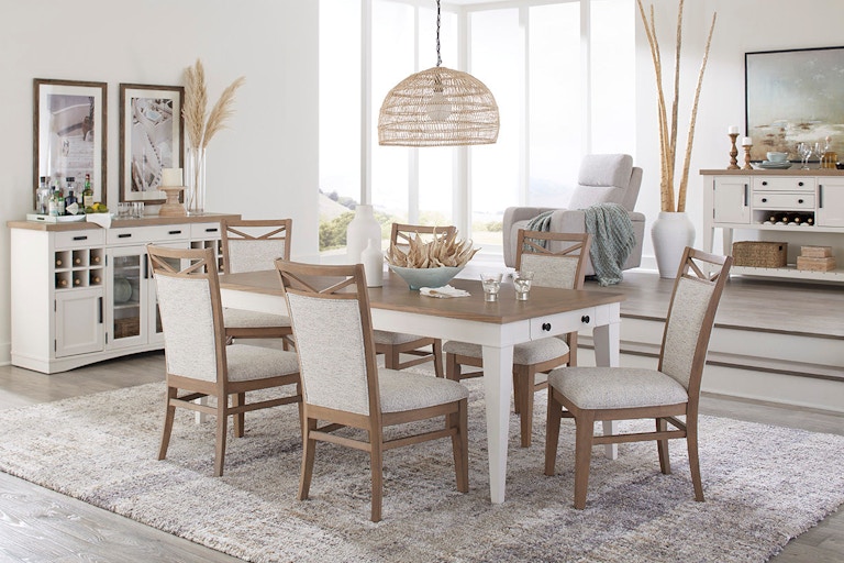 Parker House Americana Modern Dining 88-112 Inch 2 Piece Trestle Table with 24 Inch Butterfly Leaf and 8 Upholstered Chairs DAME-7PC-RECT-DINING