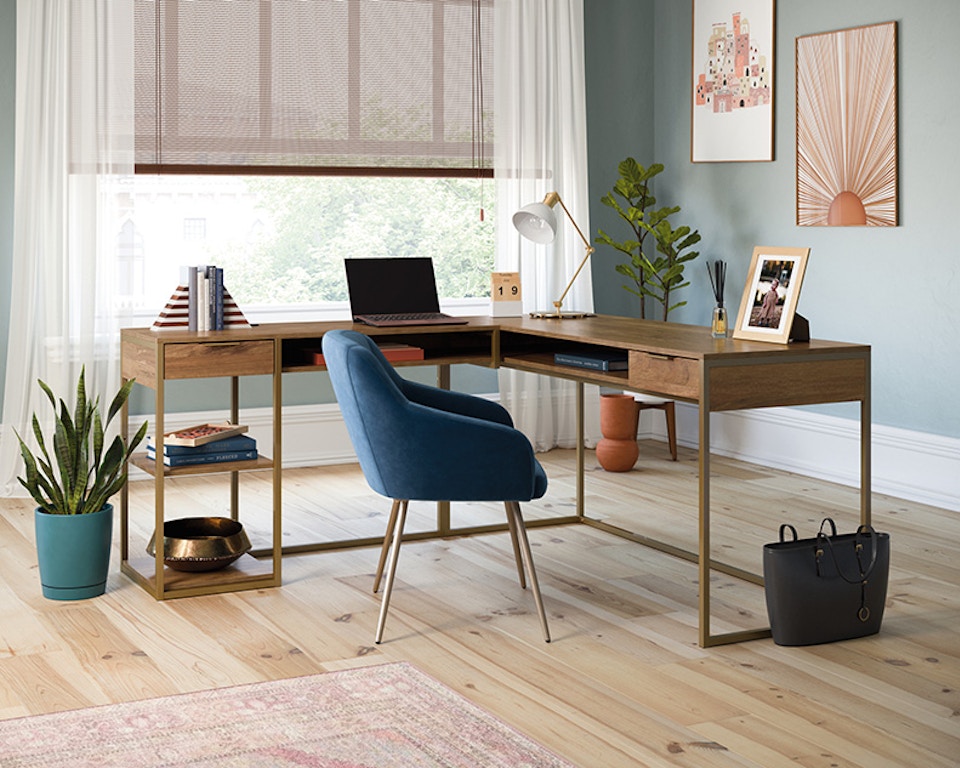 Modern L-Shaped Desk with Gold Frame