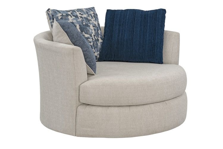 gray linen and wood valeri upholstered swivel armchair