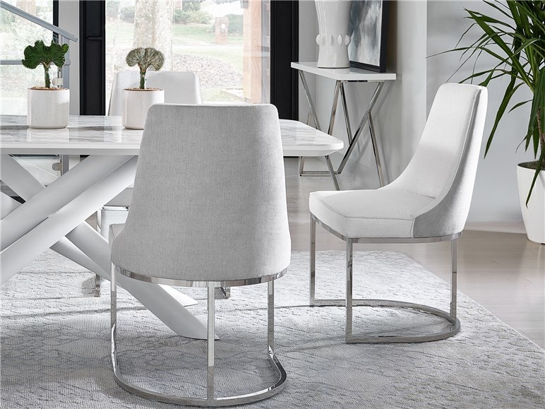 White dining chairs with silver online legs