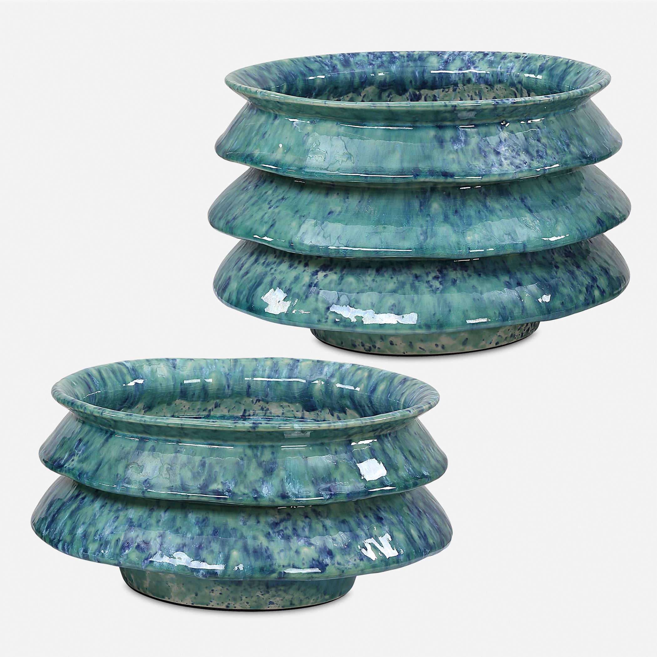 安価 ワタナベ Blue ZigZag Green UT18147 Set/2 Bowls 鉢・プランター