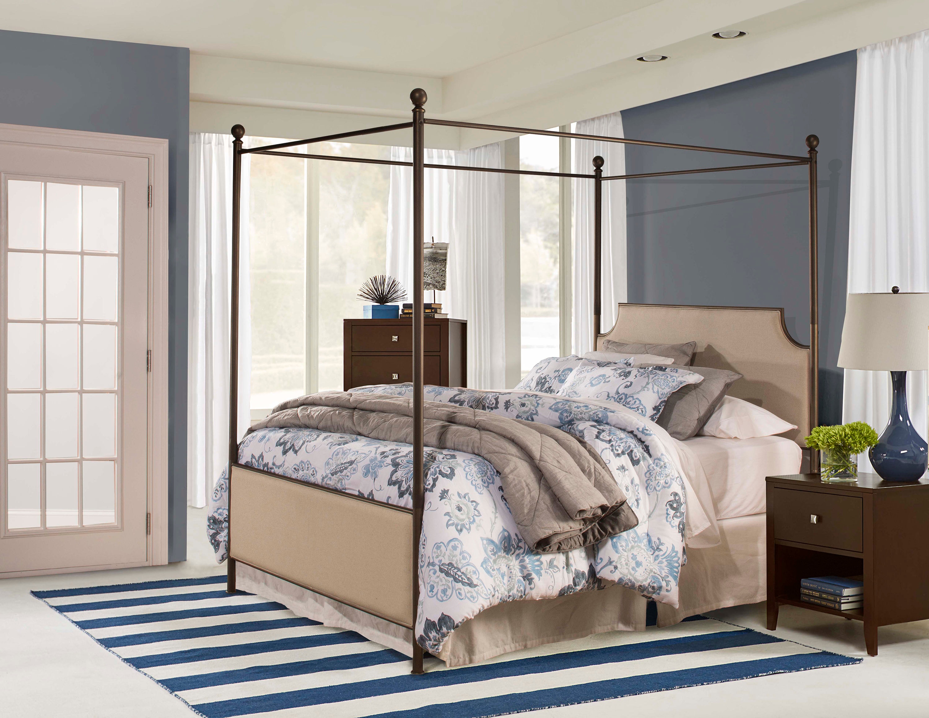 Upholstered canopy bed deals queen