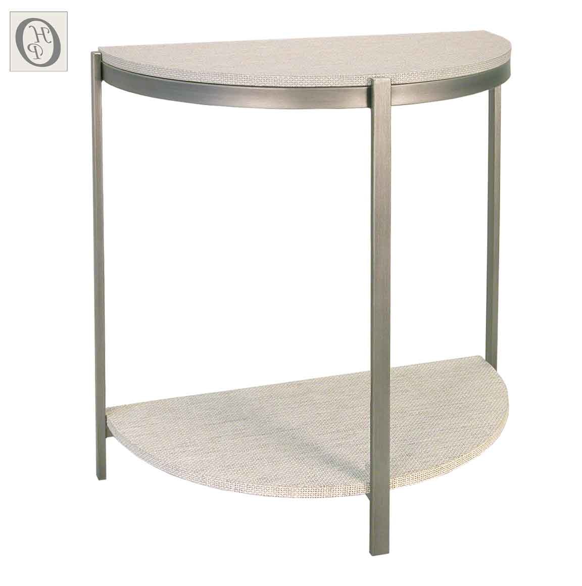 Accents Beyond Living Room Demilune table, metal base, grass cloth top