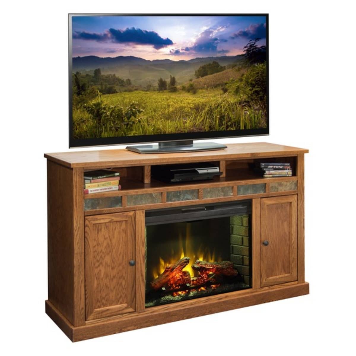 Golden oak tv stand shop with fireplace