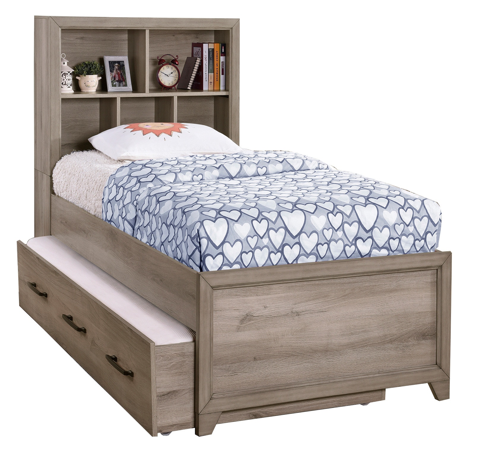 Twin bed with bookcase deals headboard and trundle