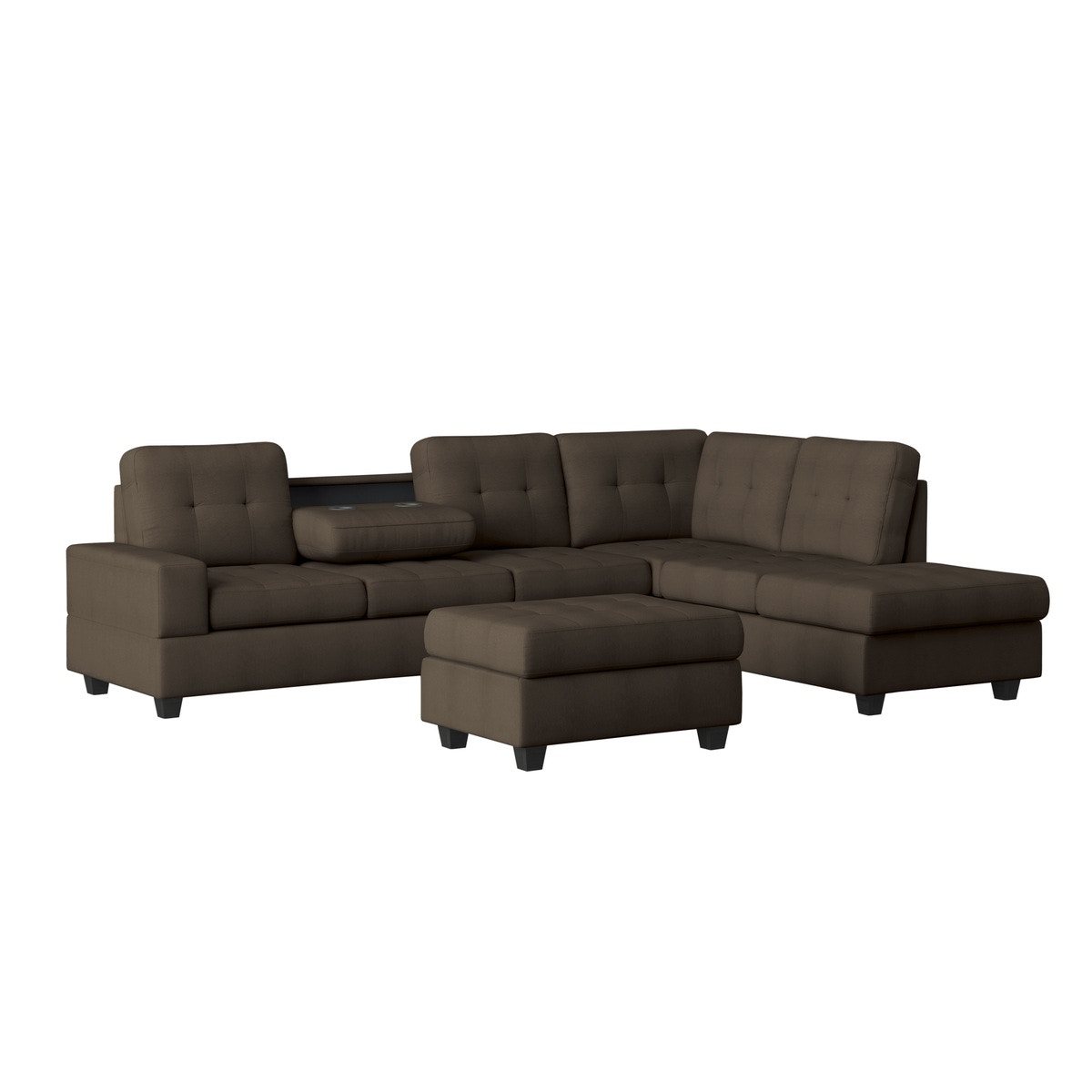  3-Piece Reversible Sectional with Drop-Down Cup Holders and Storage Ottoman 