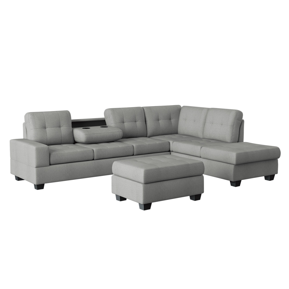  3-Piece Reversible Sectional with Drop-Down Cup Holders and Storage Ottoman 