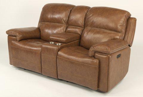 Flexsteel Leather Power Reclining Loveseat With Console And Power