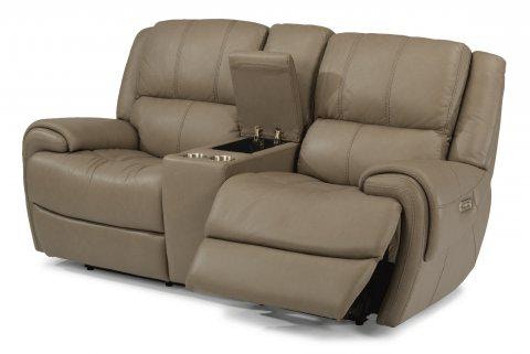 Flexsteel Nance Leather Power Reclining Sofa with Power Headrests