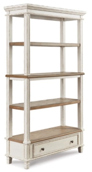 IFR NEW!! Realyn 75"H X 45"W Bookcase - by Ashley, featured in an Antiqued Two-Tone finish of Chipped White with Wood Top H743-70