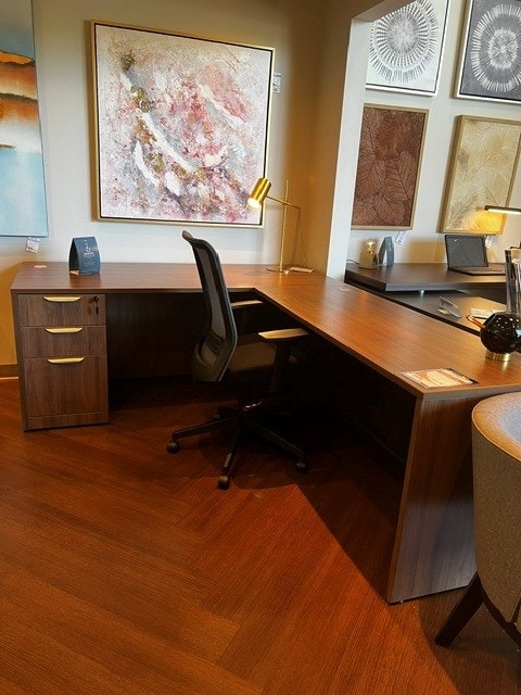 IFR Clearance Previously Leased - 72" x 90" RHR"L" Desk - by Officesource, featured in Modern Walnut PL105,PL219,PL142,PL166