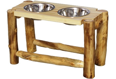 Rustic Log 2 Bowl pet Feeder (15) in Natural Panel and Natural Log 2BPF-15-NN